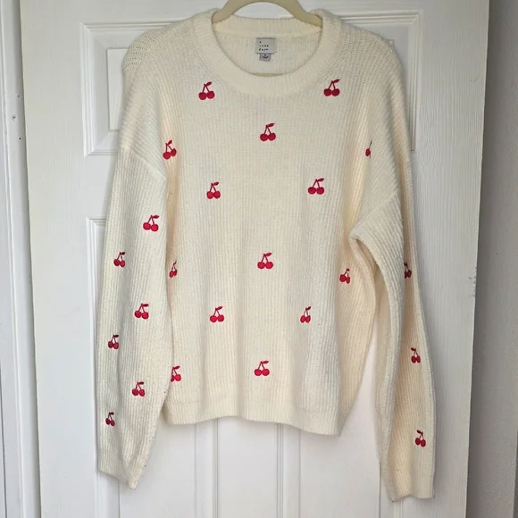 A New DAY Cream Sweater with Red Cherry Design - Picture 1 of 1